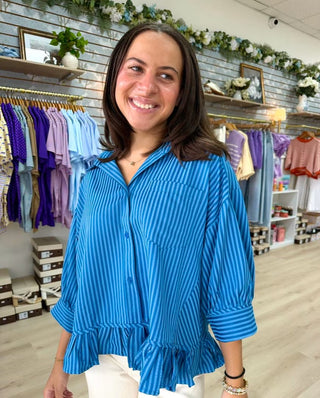 Lillian Ruffle Collar Stripe Button Down Shirt