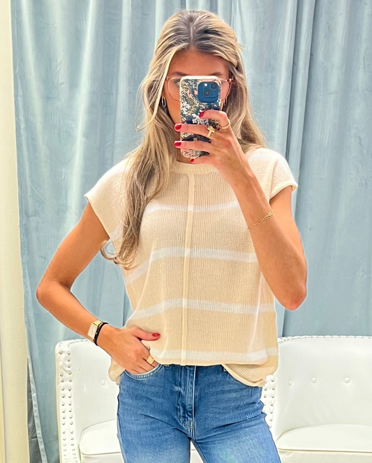 Stripe Knit Cap-Sleeve Top