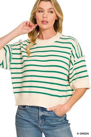 Collins Striped Exposed Seam Half Sleeve Sweater