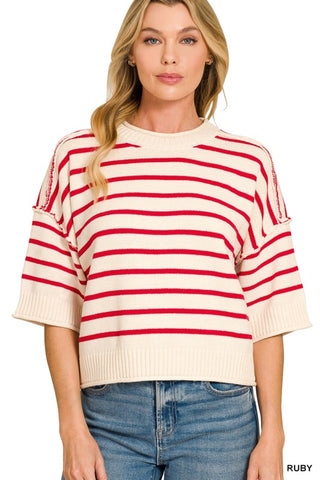 Collins Striped Exposed Seam Half Sleeve Sweater