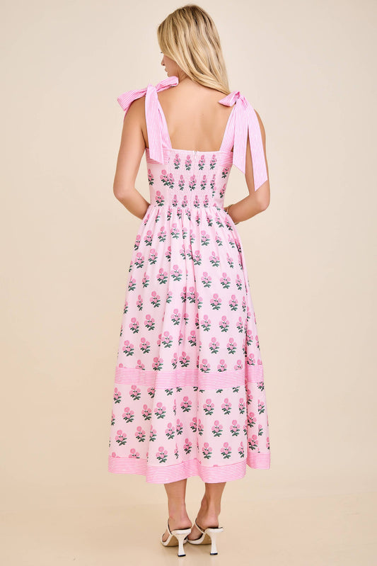 Floral Print Midi Dress with Tie Shoulder Straps