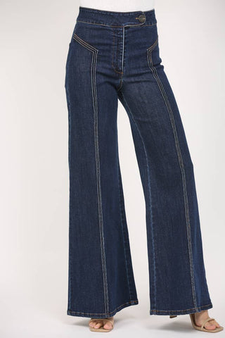 Dark blue wide-leg denim jeans with contrasting light tan contrast stitching, shown on a model from the waist down against a plain white studio background.