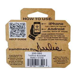 Brown packaging label for a tactical bracelet with QR code, instructions, and product details.