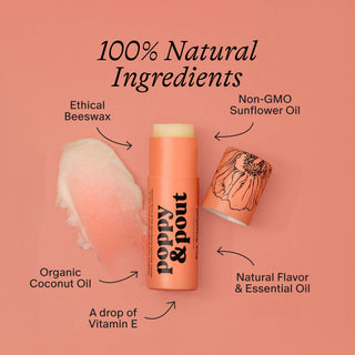Lip balm with labeled natural ingredients on a pink background