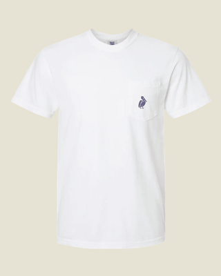 White t-shirt with a small logo on a white background