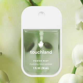 Touchland Applelicious Power Mist Hydrating Hand Sanitizer with green background and flowers