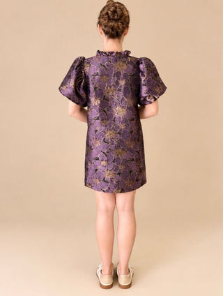 Arabella Plum Metallic Floral Jacquard Puff Sleeve Mini Dress - Blue Blossom Boutique