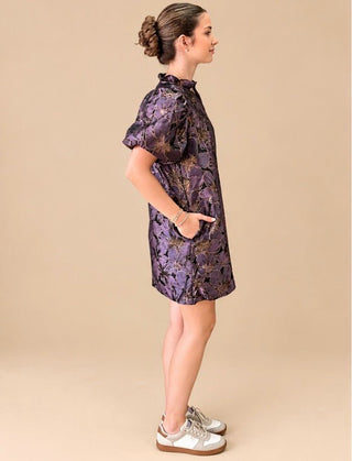 Arabella Plum Metallic Floral Jacquard Puff Sleeve Mini Dress - Blue Blossom Boutique
