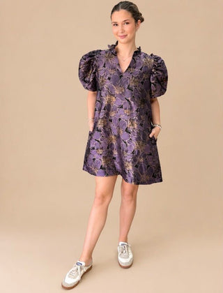 Arabella Plum Metallic Floral Jacquard Puff Sleeve Mini Dress - Blue Blossom Boutique