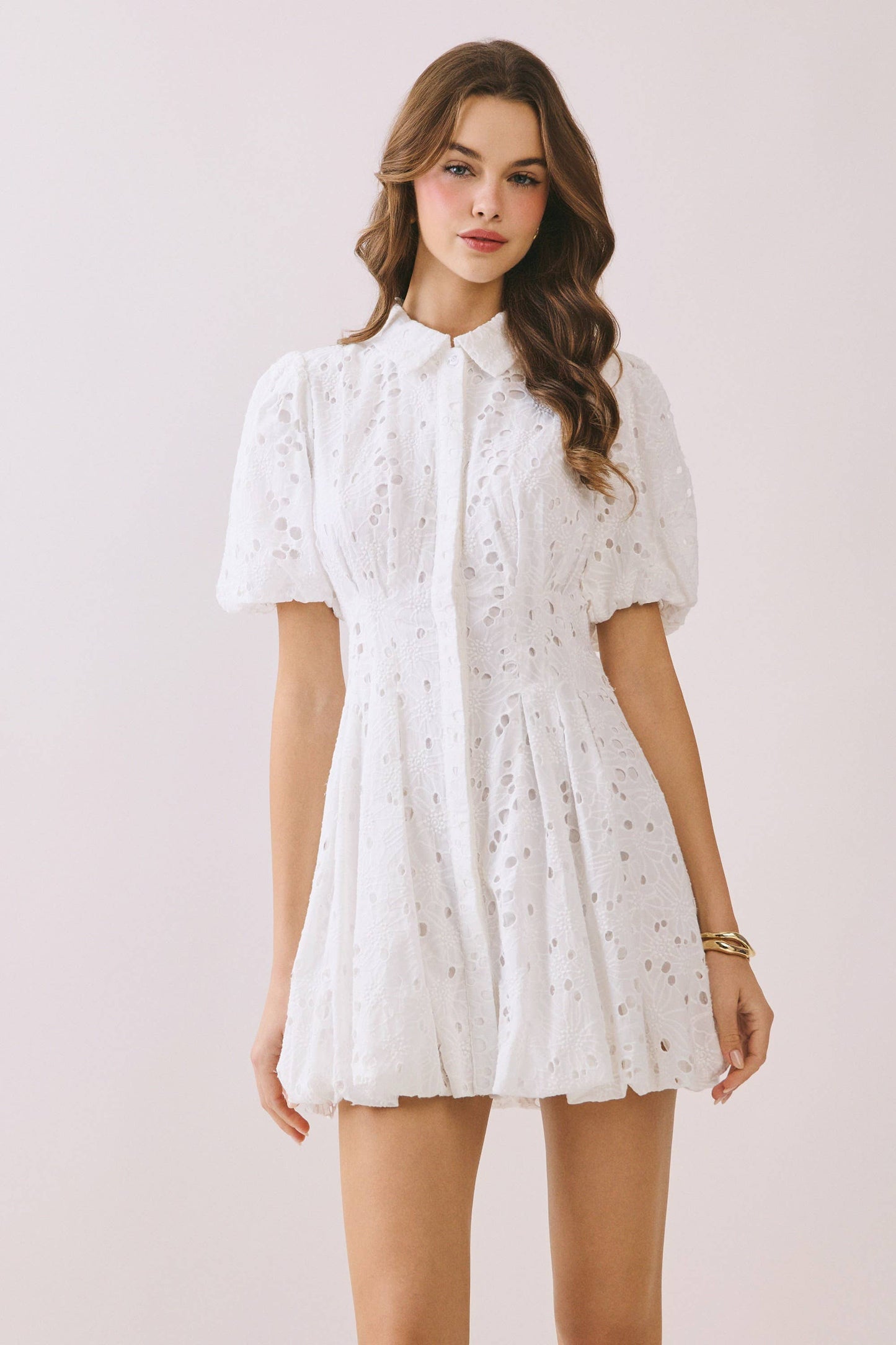 Eyelet Collared Neck Hidden Front Button Dress