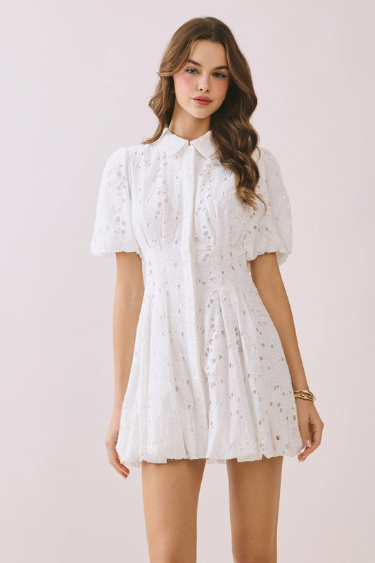Eyelet Collared Neck Hidden Front Button Dress