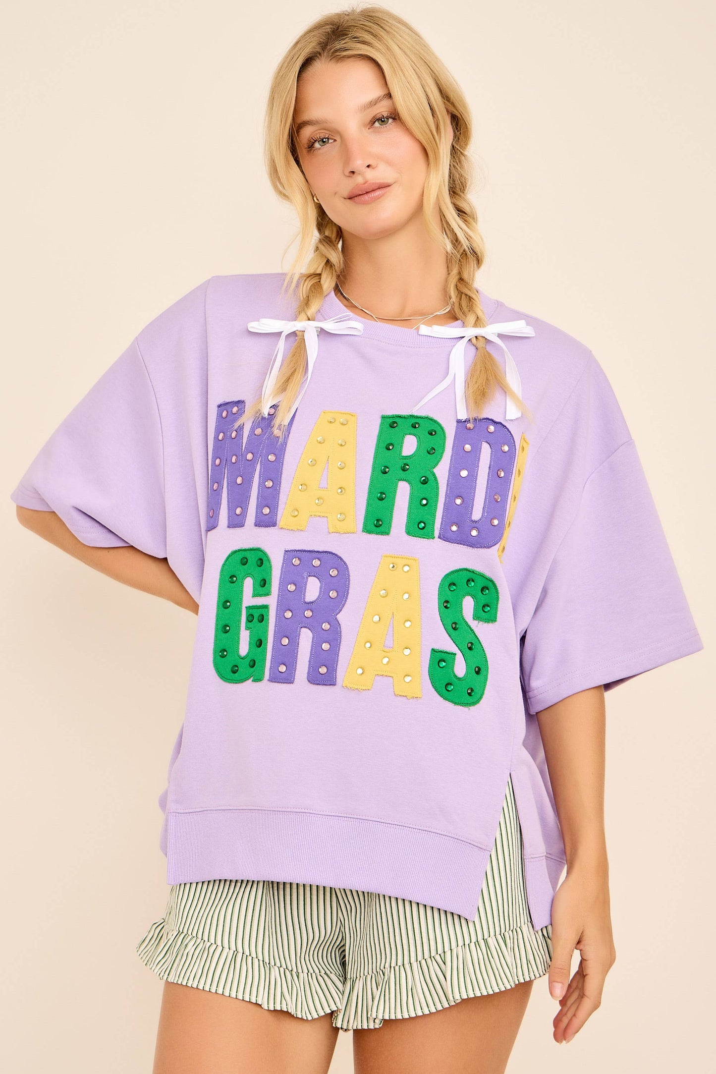 Mardi Gras Oversized Graphic Tee with Stud Details