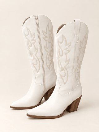 The Bayou Belle Boots – white leather western boots with tan embroidery and stacked block heel