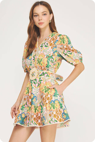 Garden Party Puff Sleeve Belted Cotton Mini Dress