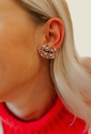 Beaded Lip Studs – rhinestone lip-shaped stud earring worn by model