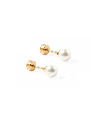Pair of gold earrings with white pearls on a white background