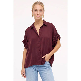 Black Satin Ruffle Sleeve Button-Up Blouse - Blue Blossom Boutique