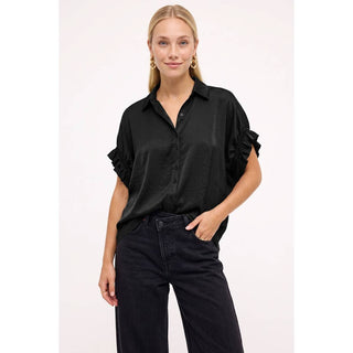 Black satin button-up blouse with ruffle trim short sleeves