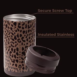 Leopard print tumbler with a screw top on a black background