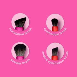 Four makeup brushes with labels on a pink background