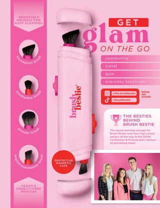 A pink Brush Bestie travel makeup stick with four interchangeable brush heads, shown on a pink promotional background with text callouts and a small photo panel of people.