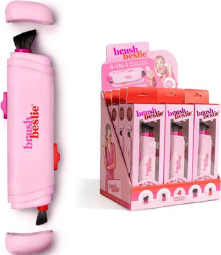 A pink 4-in-1 makeup brush set by brush Deslie, shown disassembled with its cap and brush removed, alongside a retail display box of multiple units on a white background.