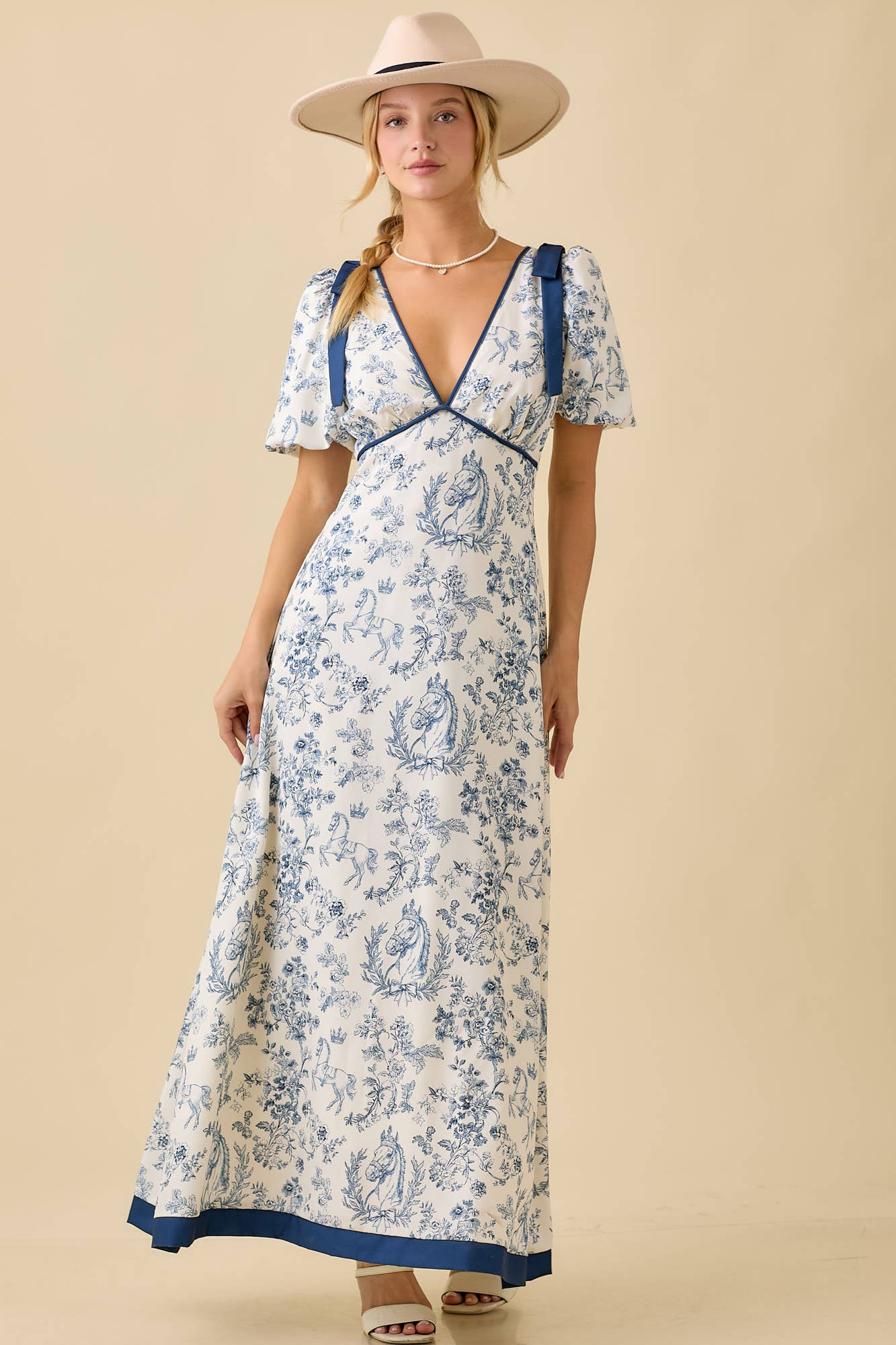 Deep-Neck Maxi Dress With Bubble Sleeve