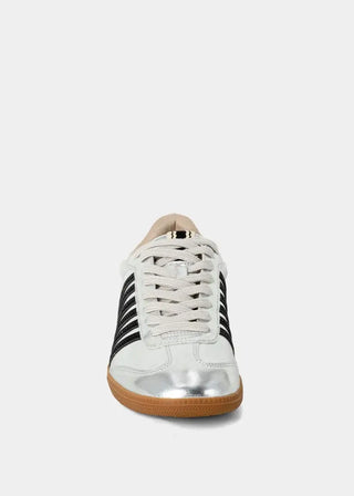 White sneaker with black stripes on a white background