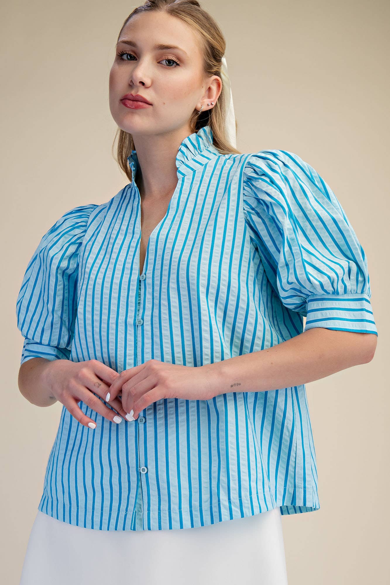 Ruffle V-neck Puff Sleeve Button Down Shirt