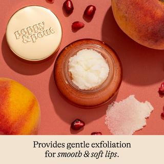 Cosmetic product with 'Papaya & Pome' branding on a peach-themed background.