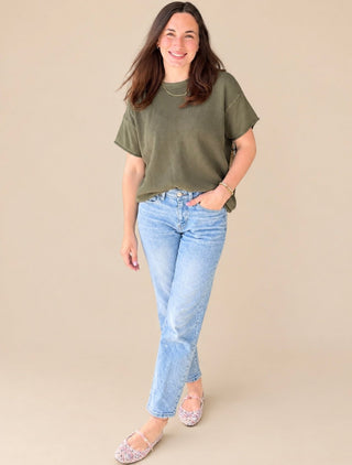 Cable Detail Short Sleeve Sweater Top – round neck knit sweater with cable stitch sides on model