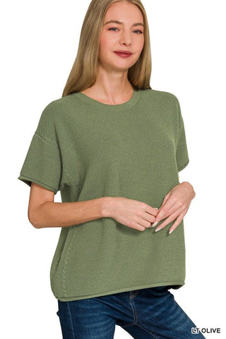 Cable Detail Short Sleeve Sweater Top - Blue Blossom Boutique