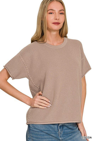 Cable Detail Short Sleeve Sweater Top - Blue Blossom Boutique