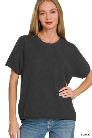 Cable Detail Short Sleeve Sweater Top - Blue Blossom Boutique
