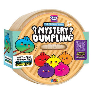 Mystery Dumpling toy packaging with colorful dumplings and branding on a white background