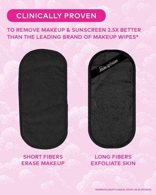 Black makeup eraser with text on a pink background