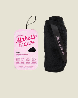 Make-up Eraser packaging and black reusable cloth on a white background