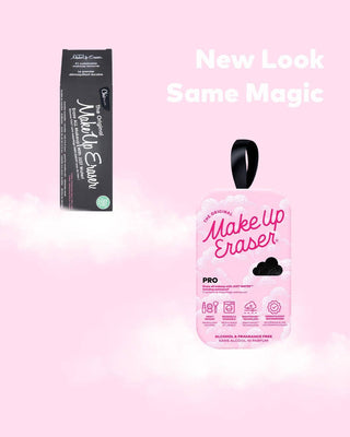 A pink and white 'The Original Make Up Eraser PRO' product shown alongside its black packaging box on a light pink background with white clouds and the text 'New Look Same Magic'.