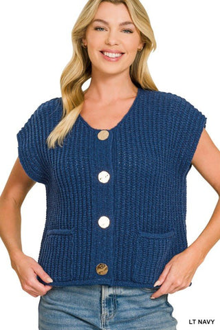 Chunky Knit Button Front Sweater Vest - Blue Blossom Boutique