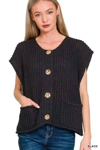 Chunky Knit Button Front Sweater Vest - Blue Blossom Boutique
