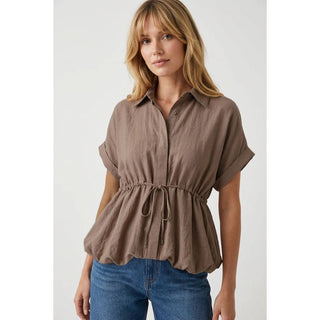 Cocoa brown short sleeve collared blouse with drawstring waist and bubble hem