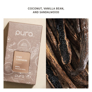 Pura Cozy Cashmere fragrance refill packaging with vanilla bean and sandalwood close-up on a white background