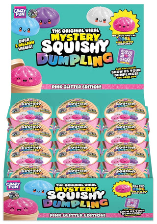 Display box of Mystery Squishy Dumpling toys with pink glitter edition packaging.