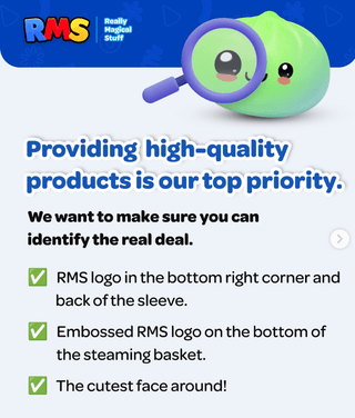 Promotional graphic for RMS with a cartoon character holding a magnifying glass and text about product quality.