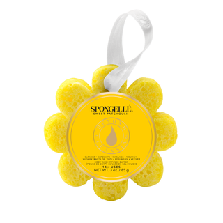 Yellow flower-shaped sponge with a label on a white background