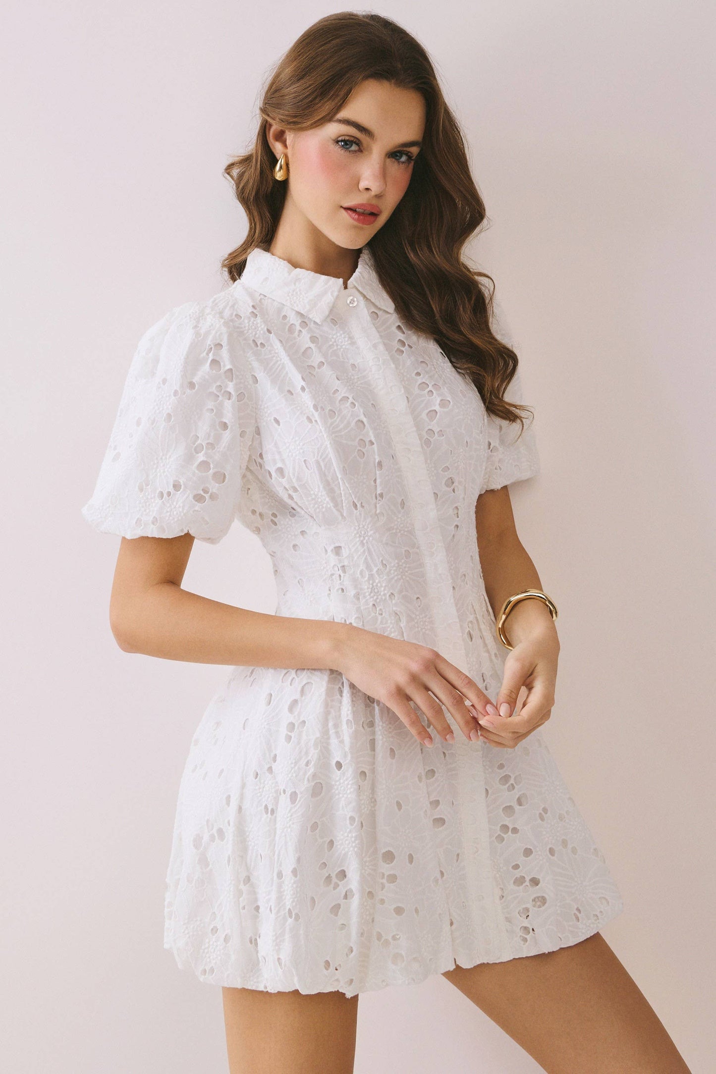 Eyelet Collared Neck Hidden Front Button Dress