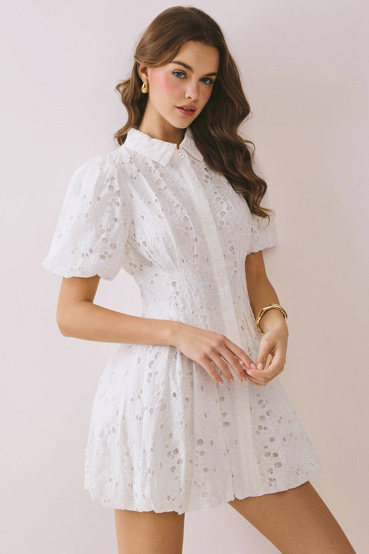 Eyelet Collared Neck Hidden Front Button Dress