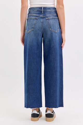 Dark wash high rise cropped wide leg jeans with raw hem, view 7