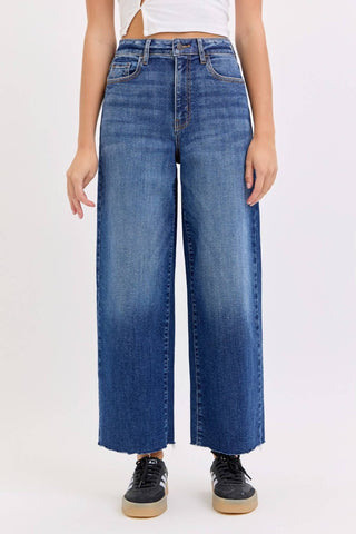 Dark wash high rise cropped wide leg jeans with raw hem, view 2