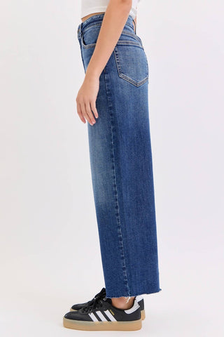 Dark wash high rise cropped wide leg jeans with raw hem, view 6